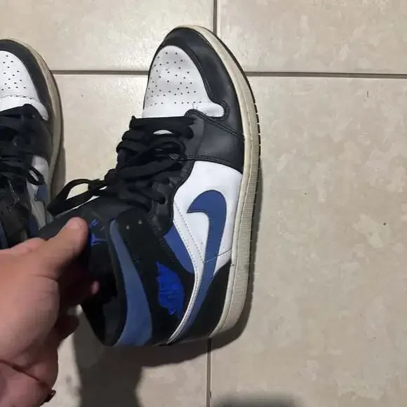 Air Jordan 1 Mid - Black and Dark Powder Blue Sneakers, Men's Size 10